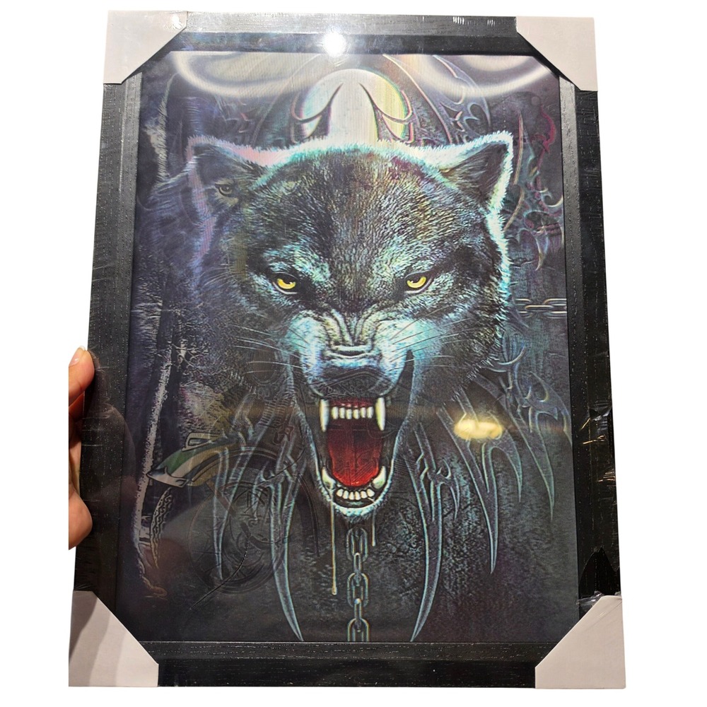 3D Lenticular Wolf Motorcycle Framed Wall Art Snarling Wolf 13x17 Motion Picture